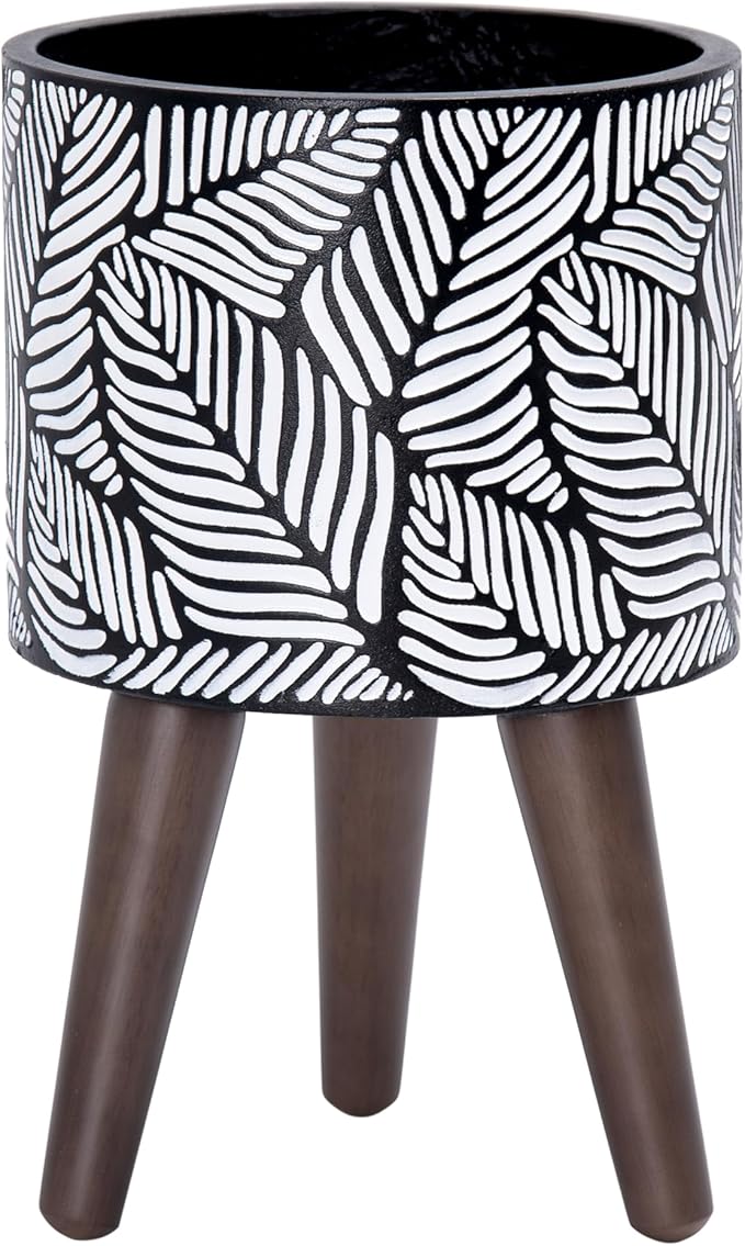 D'vine Dev 8 Inch Planter Pot with Stand, Mid-Century Tall Plant Pot with Legs for Indoor Plants, Small, White/Grey, 88-L-A-7