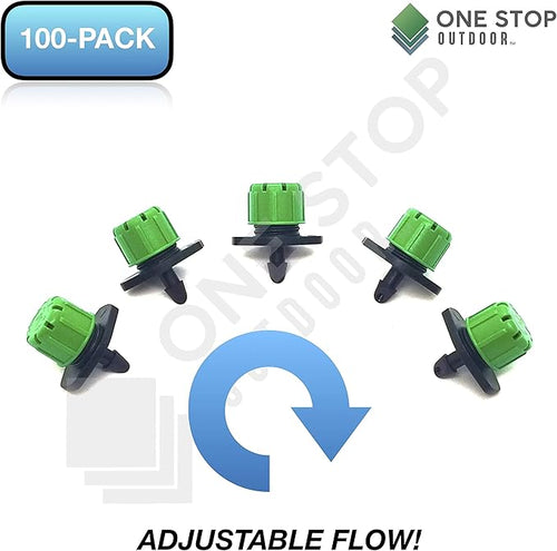 (100-PACK) - 360 Degree 1/4" Inch Universal Barbed Drip Emitter - Adjustable Flow 0-18.5 GPH Fit 1/4 (4-7mm) Drip Irrigation Tubing - Professional Grade Drippers for Drip Irrigation
