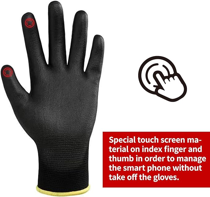 DULFINE Safety Work Gloves PU Coated for Men and Women-12 Pairs,Black Seamless Knit Glove with Two Fingers Touchscreen,Ideal for General Duty Work (Small)