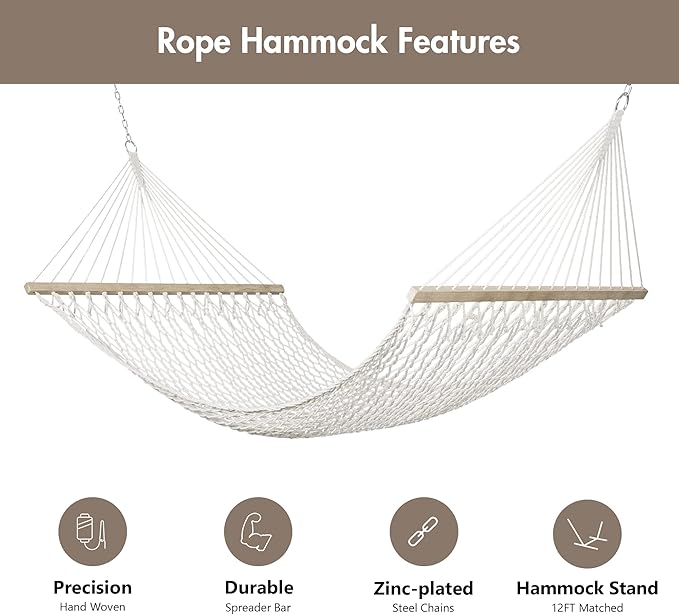ANOW 2 Person Hammock with Spreader Bars, Rope Hammock with Pad for Outside, 450 LBS Weight Capacity, Light Brown