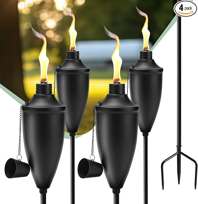 4 Pack Garden Torches for Outside， 22 oz Metal Citronella Torch with 3-Prong Grounded Stake, Perfect for Patio, Lawn, and Backyard Décor