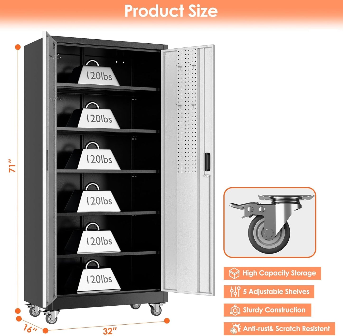 Aobabo 71" H×32" W×16" D Metal Storage Cabinet with Wheels, Garage Steel Storage Cabinet with 5 Adjustable Shelves and 4 Hooks for Home Office,Kitchen, Black Silver,Assembly Required