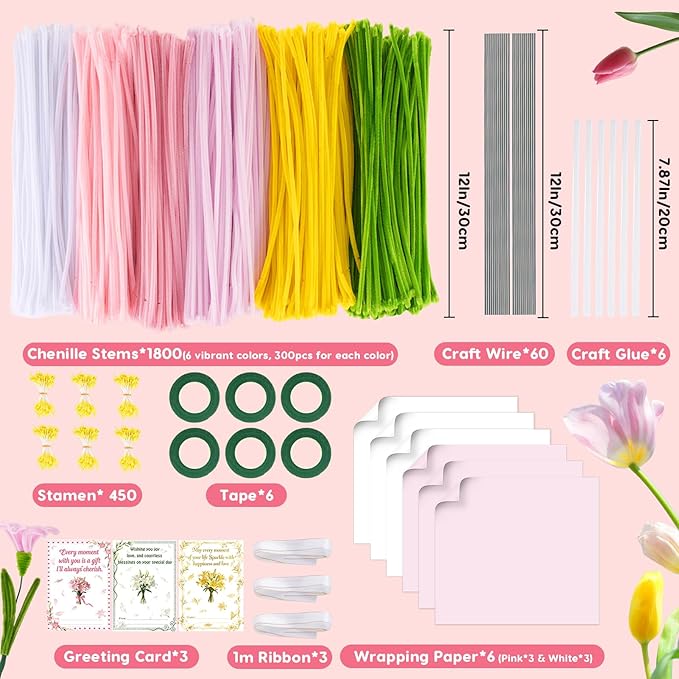 1800PCS Pipe Cleaners Craft, Pipe Cleaner Bulk Flower Kit, 6 Colors Chenille Stems Flower Making Kit with Floral Wrapping Paper and Ribbon, Gardening Tape, Stamen for Art and Craft Supplies