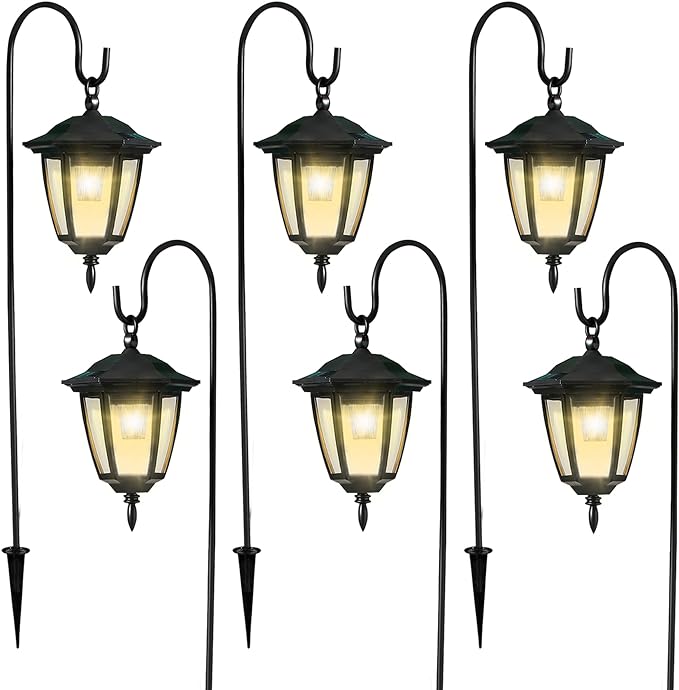 Dynaming 6 Pack Solar Hanging Lights Outdoor, Solar Powered Garden Decorative Lanterns with 6 x 38 Inch Shepherd Hooks, Waterproof Landscape Lighting for Lawn Patio Yard Pathway Driveway, Warm White