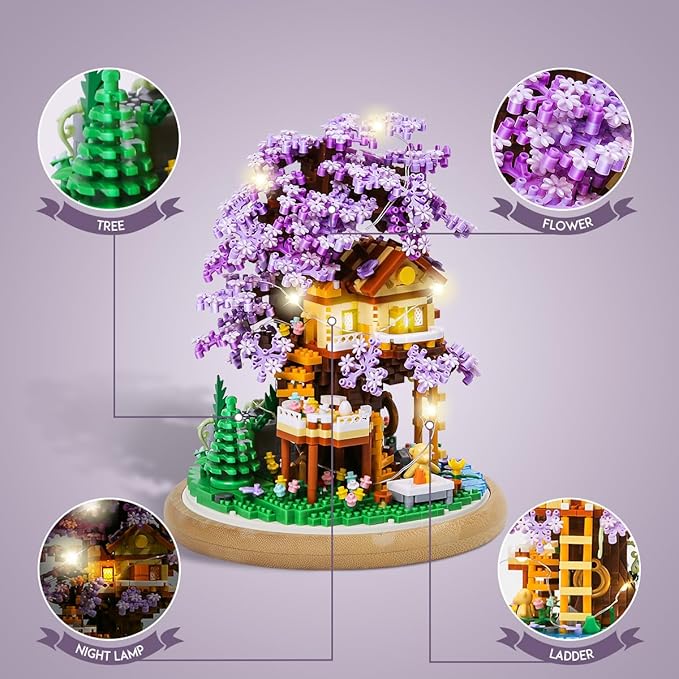 DIY Flower Building Toy Sets Miniature Cherry Blossom Tree House Building Kit, Purple & Yellow Sakura Flowers, Building Blocks Set for Adults & Girls - Bonsai Tree Model with Dust Cover