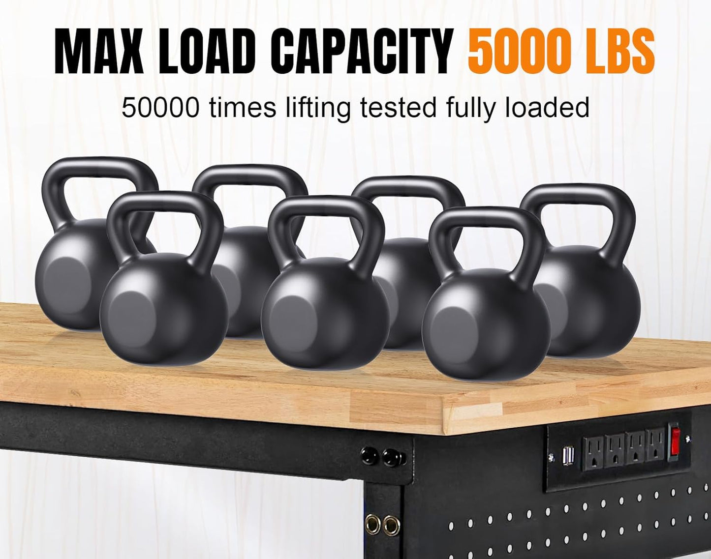 84” Adjustable Height Workbench, 5000 LBS Heavy Duty Table Rubber Wood Workstation with Power Outlet & Pegboard for Office, Garage,Workshop,Commercial,Home