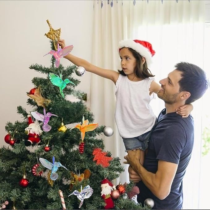 6 Pcs in 6 Colors Set Shiny Iridescent Hummingbird Hanging Ornaments with Suction Cup, Clear Acrylic Crystal Art Hummingbird Figurines Pendants Decorations for Christmas Xmas Tree.