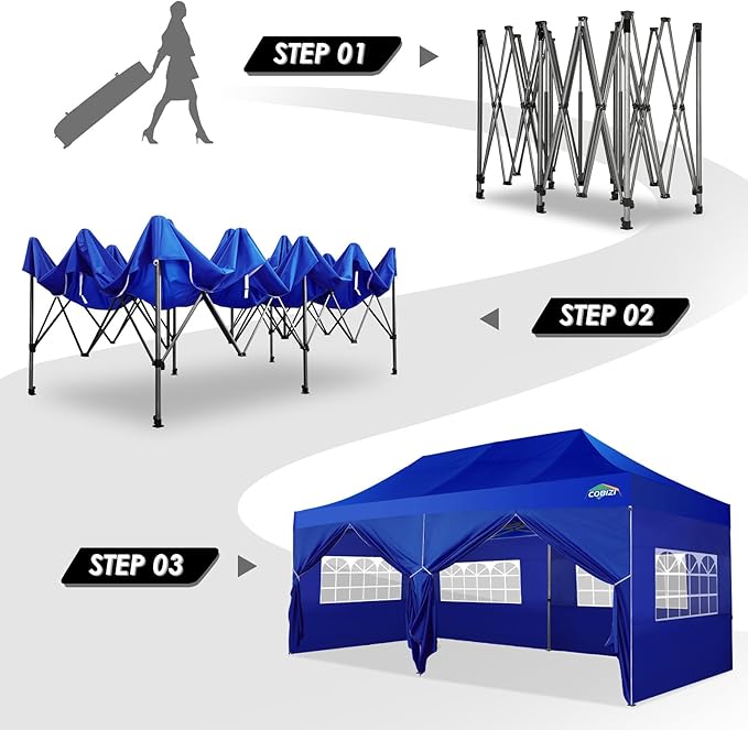 COBIZI 10x20 Canopy with Sidewalls, Heavy Duty Party Tent Pop up carpas para Fiestas, Tents for Parties, Wedding, Outdoor Ez up Foldable Portable Canopy Tent with Wheeled Bag, Navy Blue Upgrade