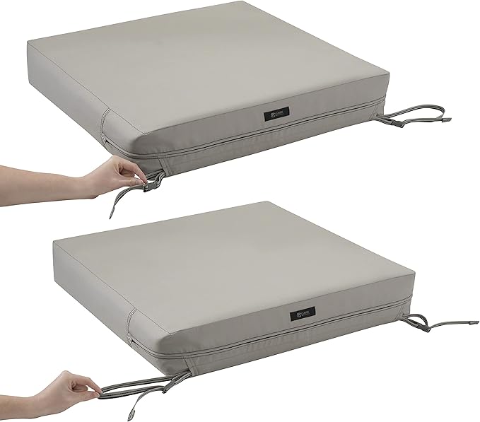 Classic Accessories Ravenna Water-Resistant 23 x 23 x 5 Inch Square Patio Seat Cushion Slip Cover & Foam, Mushroom, Lounge Chair Cushion