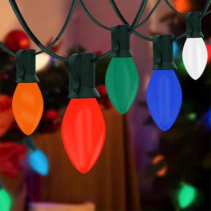 C7 LED Multicolor Christmas String Lights, 25Ft Outdoor Patio String Lights with 27 Colorful LED Bulbs(2 Spare), Hanging Vintage Christmas Lights for Christmas Tree Patio Wedding Porch Holiday Decor