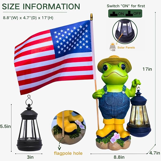 Garden Statues Frog with Solar Lantern, Outdoor Frog Figurine Decorations for Patio Yard Lawn Ornaments, Gifts for Mom/Grandma Birthday Housewarming