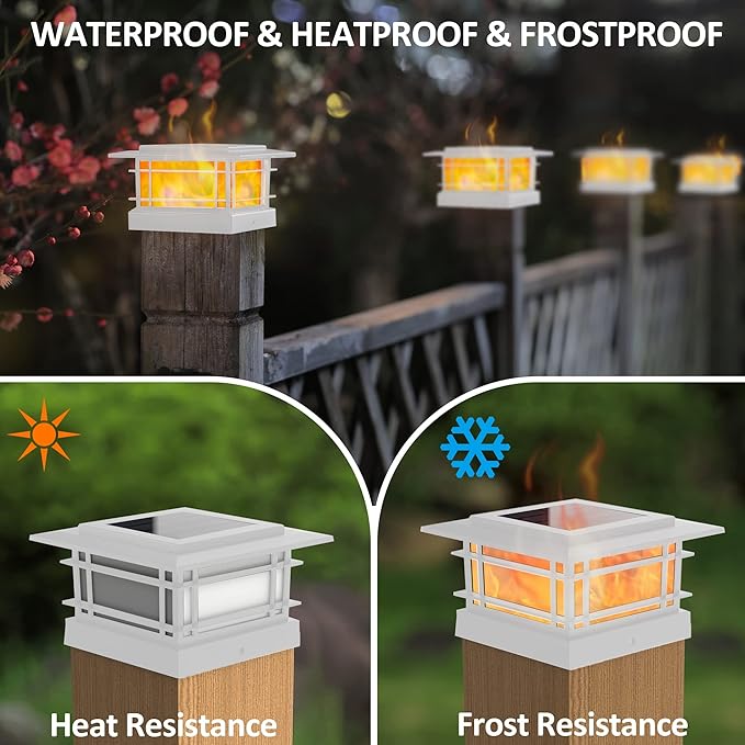 Dynaming 2 Pack Solar Flame Post Lights Outdoor, Solar Powered Fence Post White Shell Cap Light, High Brightness Flickering Flame LED Lighting for Garden Deck Patio, Fit 4x4 5x5 6x6 Vinyl/Wooden Posts