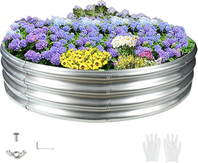 Durable Round Galvanized Steel Raised Garden Bed for Planting,Round Galvanized Steel Fire Ring/Fir Pit for Outdoor- 5×5×1FT,0.8MM Thick (Silver, 60 ins Diameter x 12 ins high)