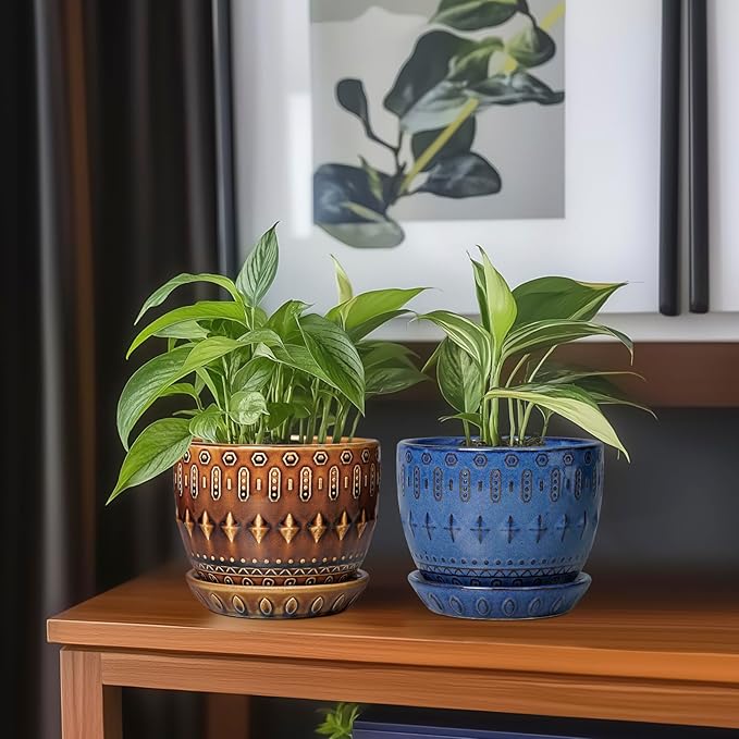 G EPGardening 5.5 Inch Plant Pot - Ceramic Planter for Indoor Outdoor Plants, Boho Round Indoor Flower Pot with Drainage Hole and Saucer, Housewarming Gifts, Garden Home Room Decor, Brown