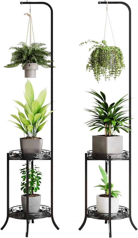 COPREE 2-tier Hanging Plant Stand 2 Pack, Space-Saving Iron Planter Shelves Flower Pot Organizer Rack Multiple Flower Pot Display Holder Shelf Indoor Outdoor Heavy Duty Planter Shelving Unit