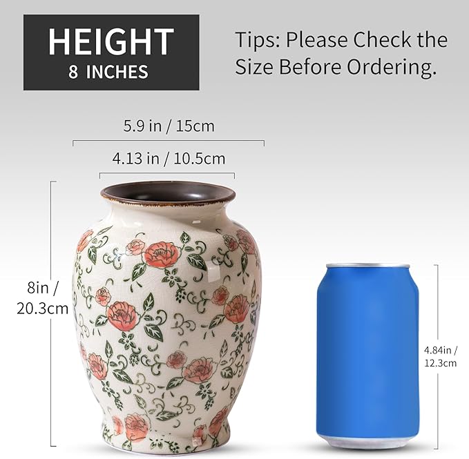Green and Beige Vintage Round Vase, Red Rose Chinoiserie Floral Vase, Antique Decorative Ceramic Flower Vases for Bouquet, Home Decor, Living Room, Bookshelf, Office, Cottage Core Home Decor 8 Inch