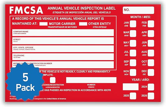 5 Pack Buck Aluminum Annual Vehicle Inspection Label with Punch Boxes, 2 Mil Red FMCSA Self Adhesive Sticker, DOT Compliant, Weatherproof, Tear Resistant, Easy to Write On, 6" x 3.5" - Made in USA