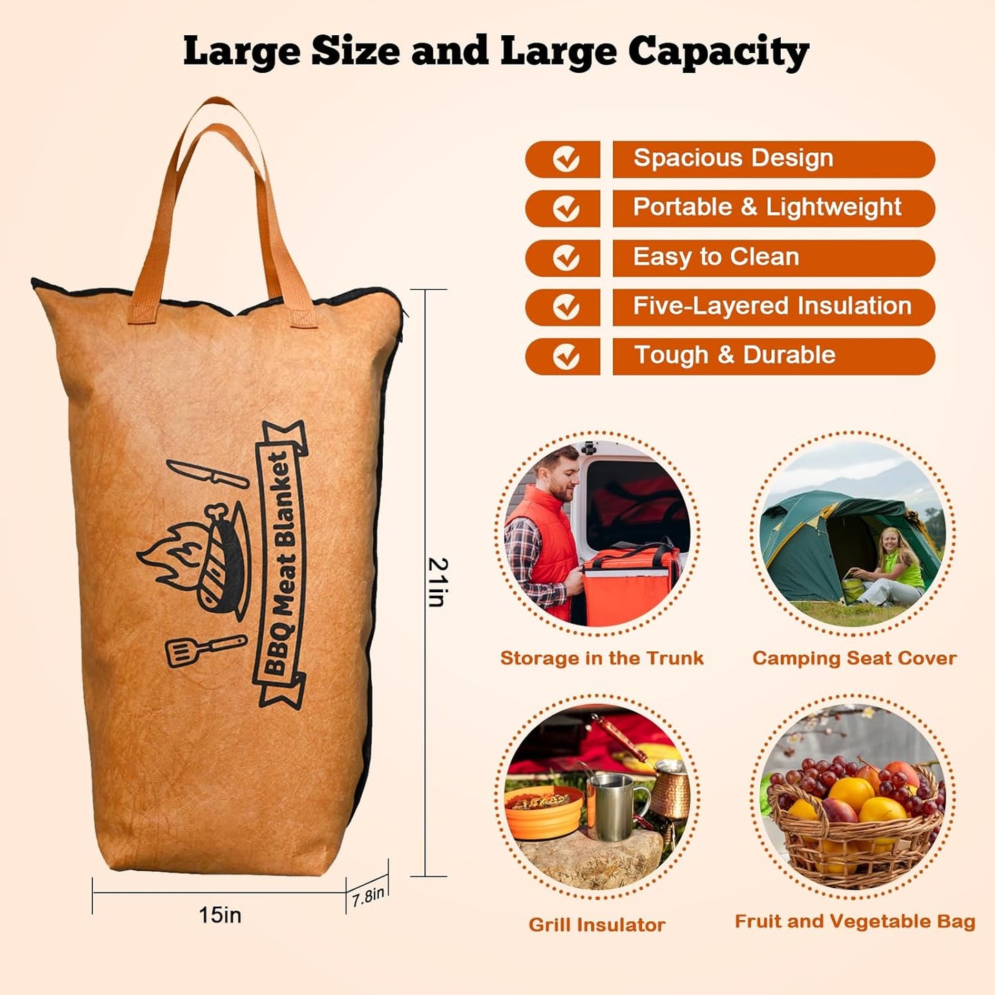 BBQ Blanket for Resting Meat,Reusable Smoker Grilling Bag Insulated Resting Bag with Wide Mouth,BBQ Accessories for Large Brisket,Beef,Turkey,Pork (21in)