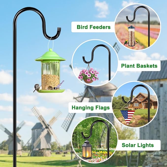 48" Shepherds Hooks for Outdoor, Heavy Duty Garden Bird Feeder Pole for Hanging Bird Feeder, Plant Baskets, Solar Light Lanterns, Outdoor Plant Hanger Hook with 5 Base Prongs,1 Packs