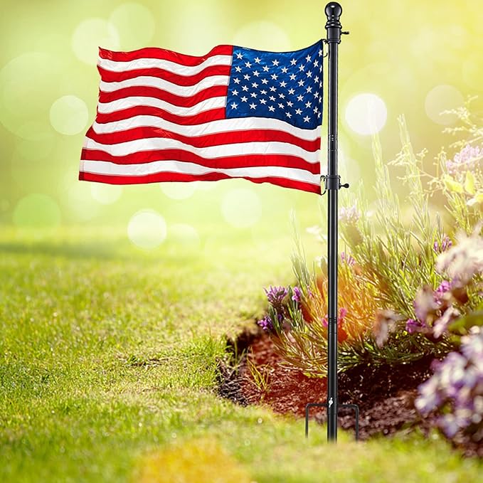 Black Flag Poles for Outside House inground - 8.5FT Metal Outdoor Yard House in Ground Flag Pole Holder for Porch with 2 Pronges Base - 3x5FT American Flag with Pole for House