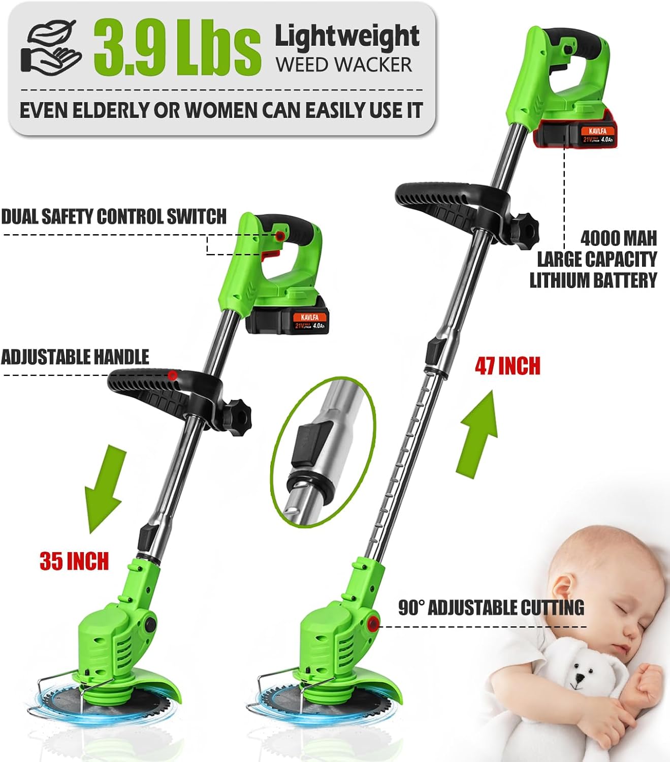 Electric Weed Wacker Cordless, 21V Weed Cordless Eater, 4 in 1 Lightweight Stringless Brush Cutter, with 2 Pcs 4.0 Ah Battery Grass Trimmer, 4 Types Blades for Yard Clearing (Green)