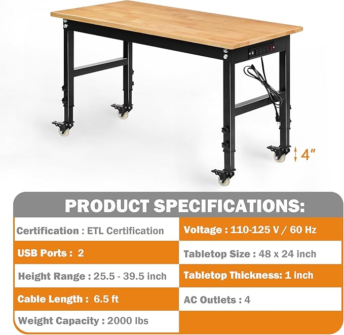 48" Adjustable Workbench for Garage, Rubber Wood Heavy Duty Workstation with Power Outlets & Wheels, 2000 LBS Load Capacity Hardwood Worktable for Workshop, Garage, Office, Home, Commercial