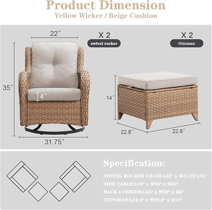 4 Pieces Patio Furniture Sets, Wicker Patio Swivel Glider Chair with Ottomans, Outdoor Furniture Set for Outside Porch, Deck, Balcony, Garden, Yellow