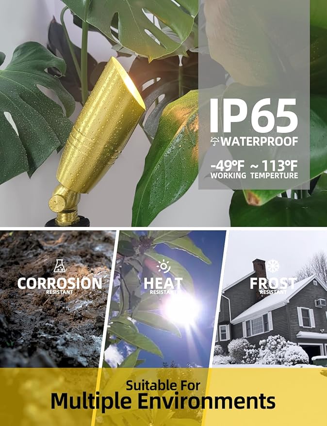 COLOER Die-cast Brass Landscape Spotlight 12-Pack Without Bulb,12V AC/DC Low Voltage Copper Outdoor Lighting with Ground Stake, Directional Garden Patio Spot Up Light (102B Brass Finish)