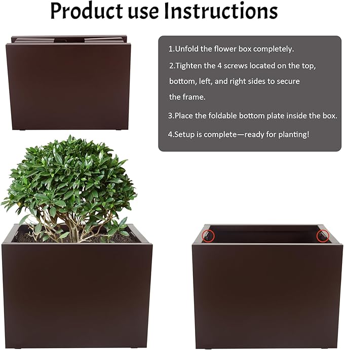 Galvanized Steel Rectangular Planter, 16"x 12"x 12" Small Planters for Outdoor Plants, Brown Outdoor Planter with Drainage Holes