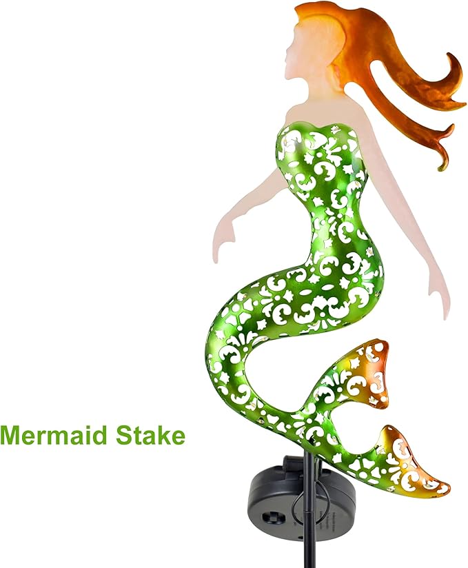 ARTER Solar Garden Lights, Green Mermaid Marine Nautical Themed Outdoor Waterproof Stake With 3.6 Feet 22 LED Fairy Lights for Pathway, Yard, Patio, Lawn, Swimming Pool, 37" Tall (Pack of 1)