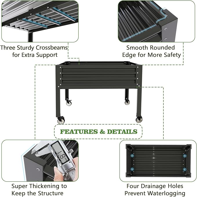 A ANLEOLIFE Galvanized Raised Garden Bed with Legs,48x24x35in Large Elevated Planter Box on Wheels with Drainage Holes for Backyard, Balcony, Patio, 600lb Capacity, Quartz Grey