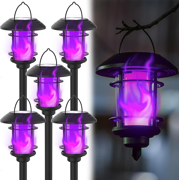 Dynaming 6 Pack Solar Flame Torch Lights Outdoor, Dual Use Flickering Purple Flame Garden Light, Hanging Lantern, Auto On/Off & Waterproof Halloween Lighting for Lawn Patio Yard Walkway Driveway