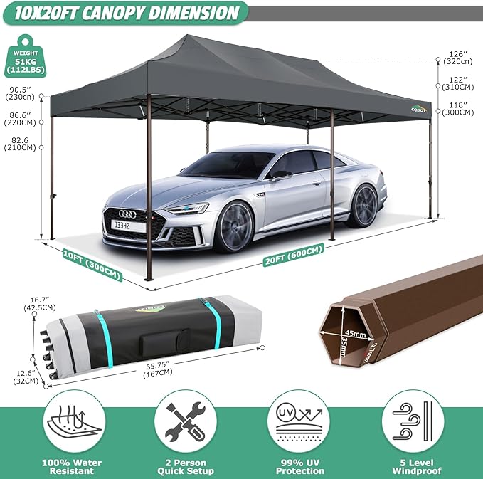 COBIZI 10x20 Pop Up Canopy Heavy Duty Without Sidewalls, Commercial Heavy Duty Pop Up Tent for Parties All Weather Waterproof and UV 50+ Wedding Tent with Roller Bag(Legs Upgraded),Grey