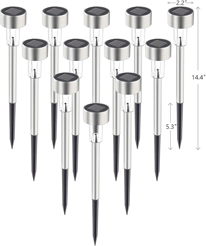 GIGALUMI Solar Pathway Lights 12 Pack, Stainless Steel IP44 Waterproof Auto On/Off Outdoor LED Pathway Landscape Solar Lights for Garden, Yard, Patio, Path and Walkway. (Cold White)