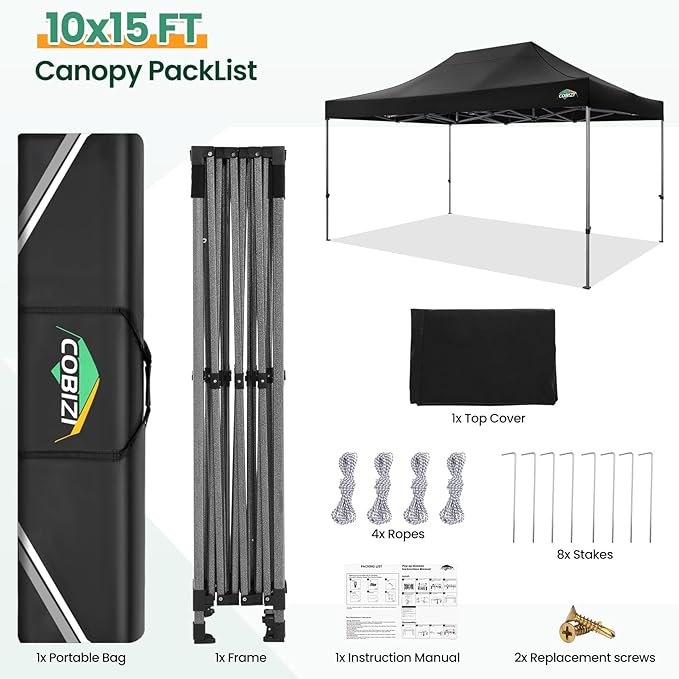 COBIZI 10x15 FT Pop up Canopy Tent,Heavy Duty Easy Up Commercial Outdoor Party Canopy Tents for Wedding Parties All Season Wind & Waterproof Gazebo with Carry Bag,Black(Frame Thickened)