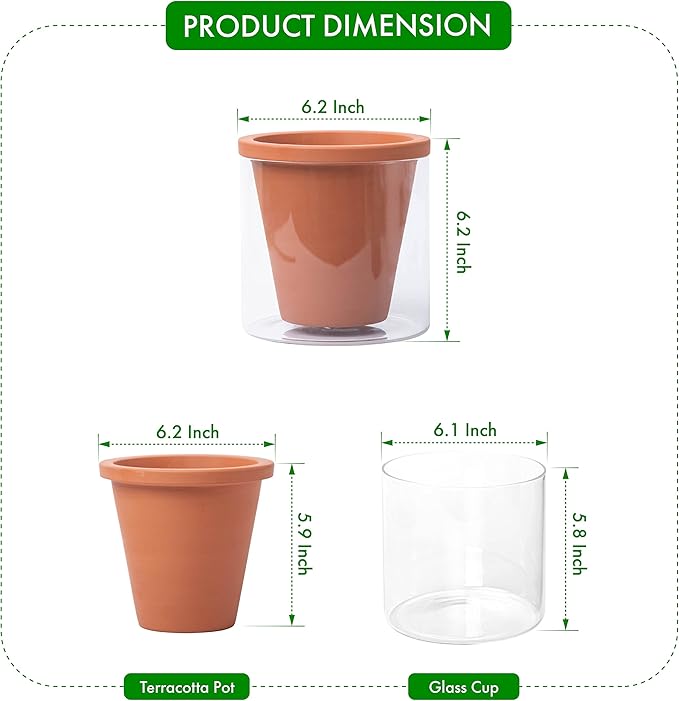 D'vine Dev 6 Inch Design Self Watering Pot for Indoor Plants, Terracotta Planter with Cylinder Glass Cup, Set of 1, 37-X-B-1