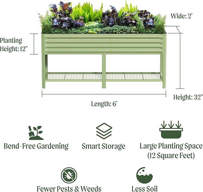 Elevated Raised Garden Bed-V Series, 2' x 6' Garden Beds with Legs & Storage Rack for Patio Porch, 1000 Lbs Weight Capacity, Outdoor Planter Boxes for Gardening Herbs Vegetables Flowers, Pearl White