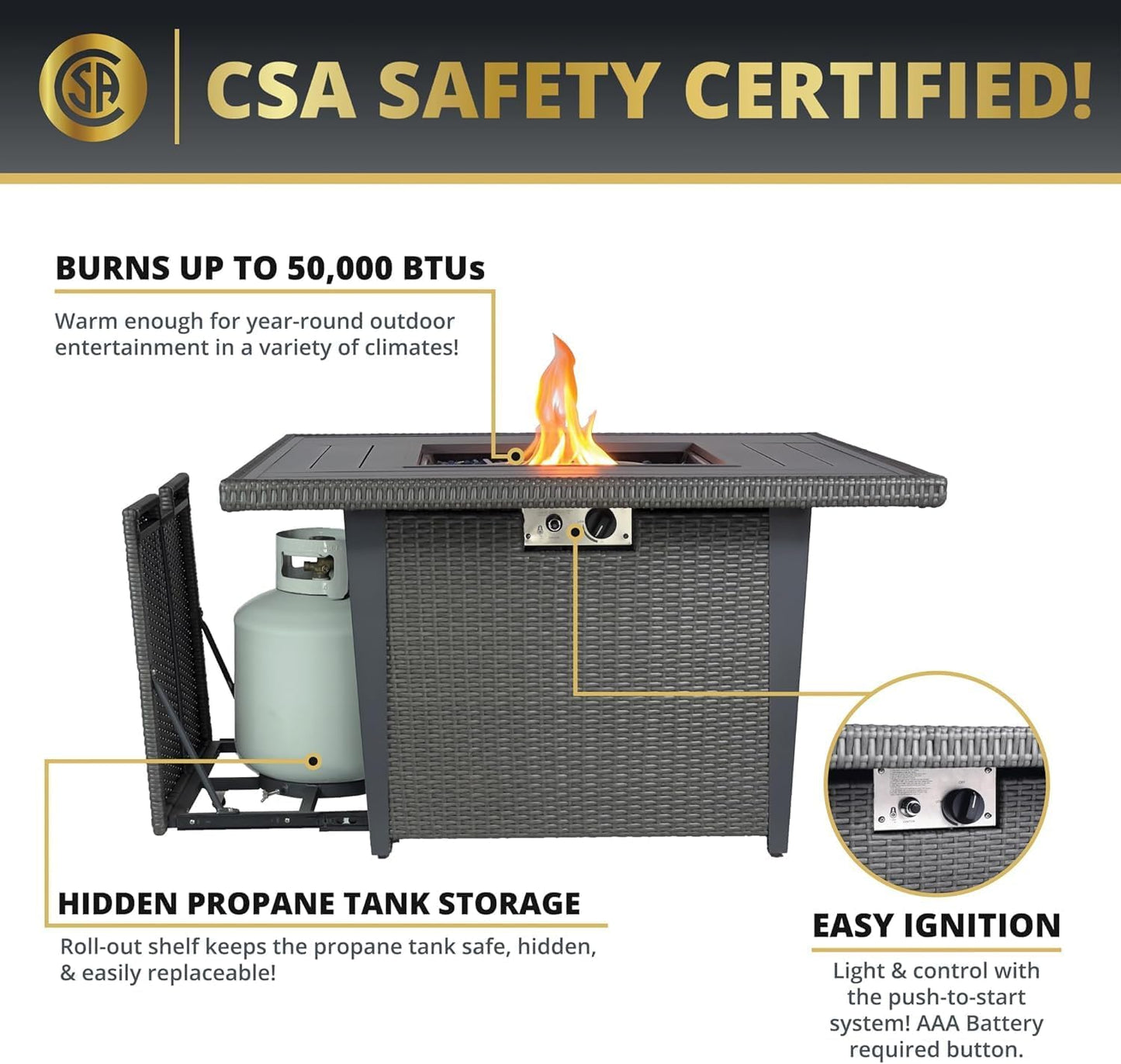 42'' Propane Fire Pit Table, 50,000 BTU Outdoor Gas Fire Table with Lid, Square Aluminum Fire Table with Wind Guard and Weather Cover, 2 in 1 Rattan Firepit Table for Outside Patio, Backyard, Gray