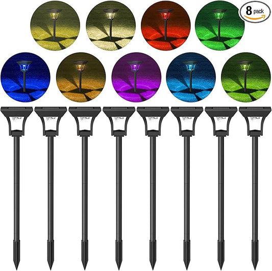 CINOTON 8 Pack RGBCW Solar Pathway Outdoor Lights, 3 Lighting Modes Solar LED Garden Lights, IP65 Waterproof Outside Solar Powered Landscape Lighting for Sidewalk Driveway Backyard RGB/Warm/Cold White