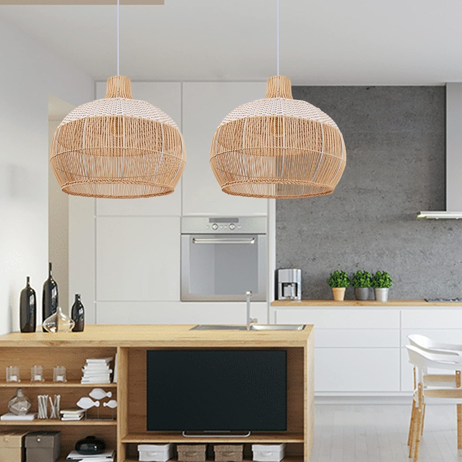 Arturesthome 1 Light White Rattan Pendant Light for Kitchen Island Sink,19.6" Wicker Chandelier, Handmade Woven Hanging Ceiling Light Lampshade