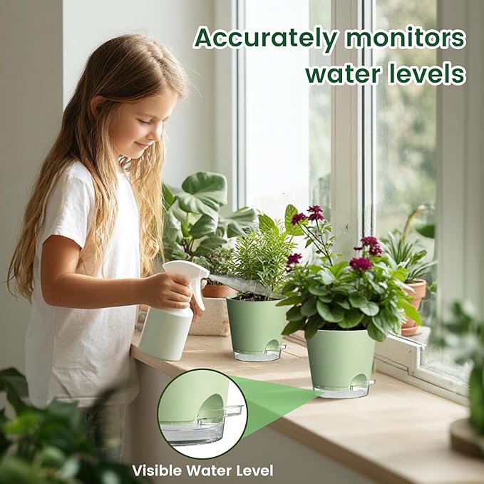 6 inch Self Watering Pots for Indoor Outdoor Plants, 6 Pack Flower Plant Pots with Drainage Holes and Clear Reservoirs, Visible Water Level, Plastic Planters with Wicking Rope, Green