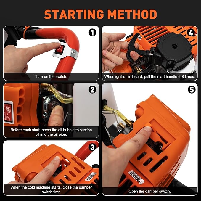 62cc 2.8HP Post Hole Digger Gas Powered, Gas Earth Auger/Ice Auger, with 2 Drill Bits 3"/6"/8" + 3 Extension Bar, One Man Earth Auger for Planting Fence, EPA Compliant Post Hole Auger