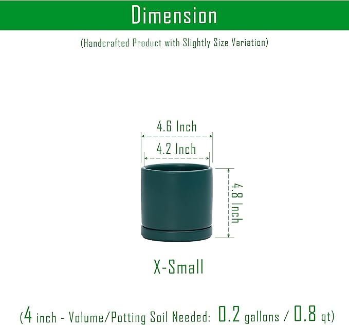 D'vine Dev Set of 4 Small Ceramic Plant Pots, 4.6 Inch Succulent Planter Pot for Plants with Drainage Hole and Saucer, Teal, 94-X-B-9
