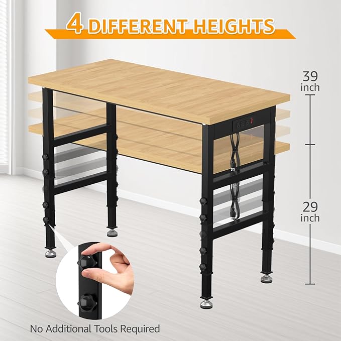 48" Adjustable Workbench,Heavy-Duty Work Table,3000 LBS Load Capacity Particleboard Hardwood Workstation Outlets with Power Strips and Fixed feet,for Workshop, Garage