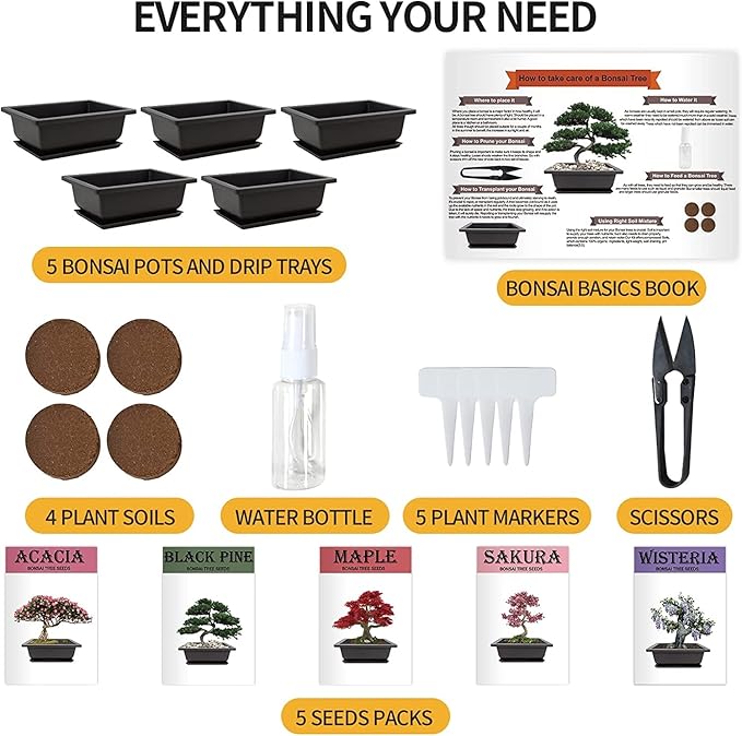 5 Bonsai Tree Kit Complete Plant Growing Tools, Grow in Pot Indoor Bonsai Tree Starter Kit, Great Home Gardening Potted Plants DIY Gift for Adults