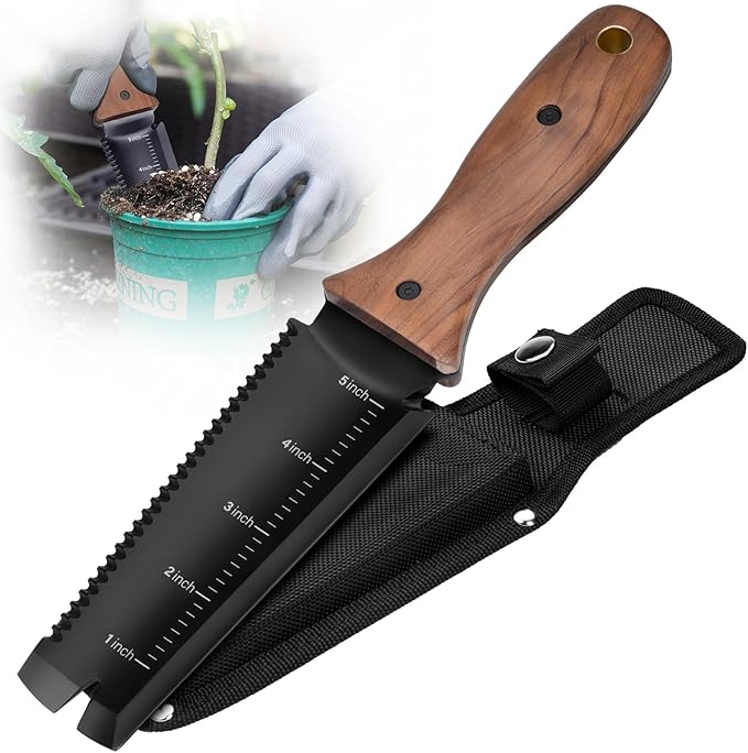 Hori Hori Garden Knife, Garden Tools with Sheath, 6" Stainless Steel Blade with Cutting Edge, Full-Tang Walnut Ergonomic Wood Handle with Hanging Hole, Weeding, Planting, Digging…