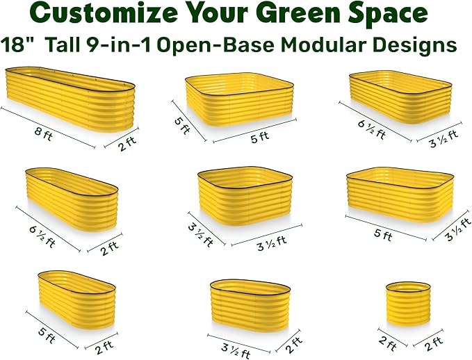 9-in-1 Galvanized Steel Raised Garden Bed // 8×2×1.5 ft Modular Planter for Gardening, Vegetables, Flowers // 18" Tall Metal Raised Garden Beds Outdoor (Yellow) // Patented Design Planter Box