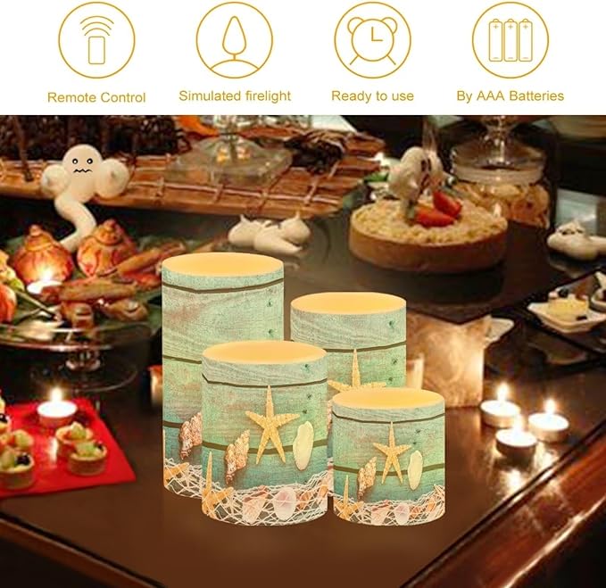 Flameless Light Candles Battery Operated Candles with Color Changing Timer Remote Control Fake Pillar Candle Tealights Home Indoor Beach Coastal Decoration, Starfish Shell Wood Grain