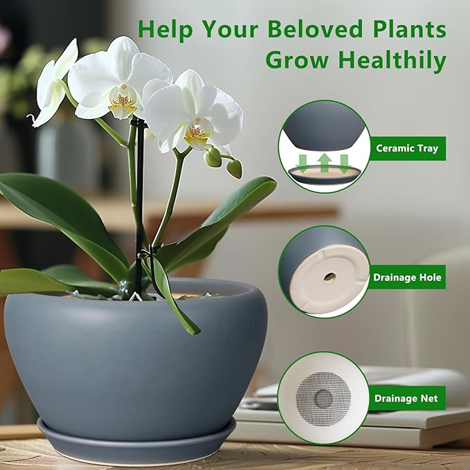 Ceramic Planter - 13 Inch Planter for Indoor Plants Large Plant Pot with Drainage Hole and Saucer Round Outdoor Planter Modern Flower Pot for Home Decor Gray
