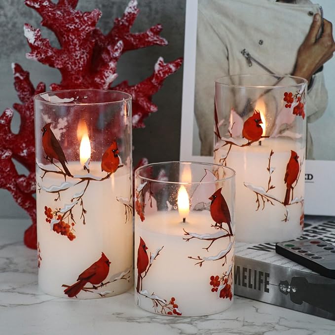 Red Bird Glass Battery Operated LED Flameless Candles with Remote Timer, Real Wax LED Candles Warm Color Flickering Light for Festival Wedding Home Party Decor(Pack of 3, 3”x4”5”6”)